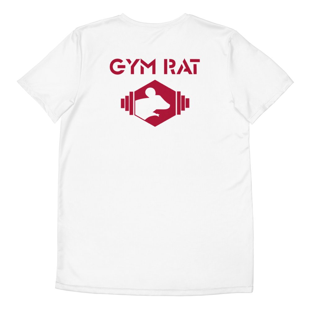 Gym Rat Athletic Mesh Tee – White with Crimson Logo - Image 2