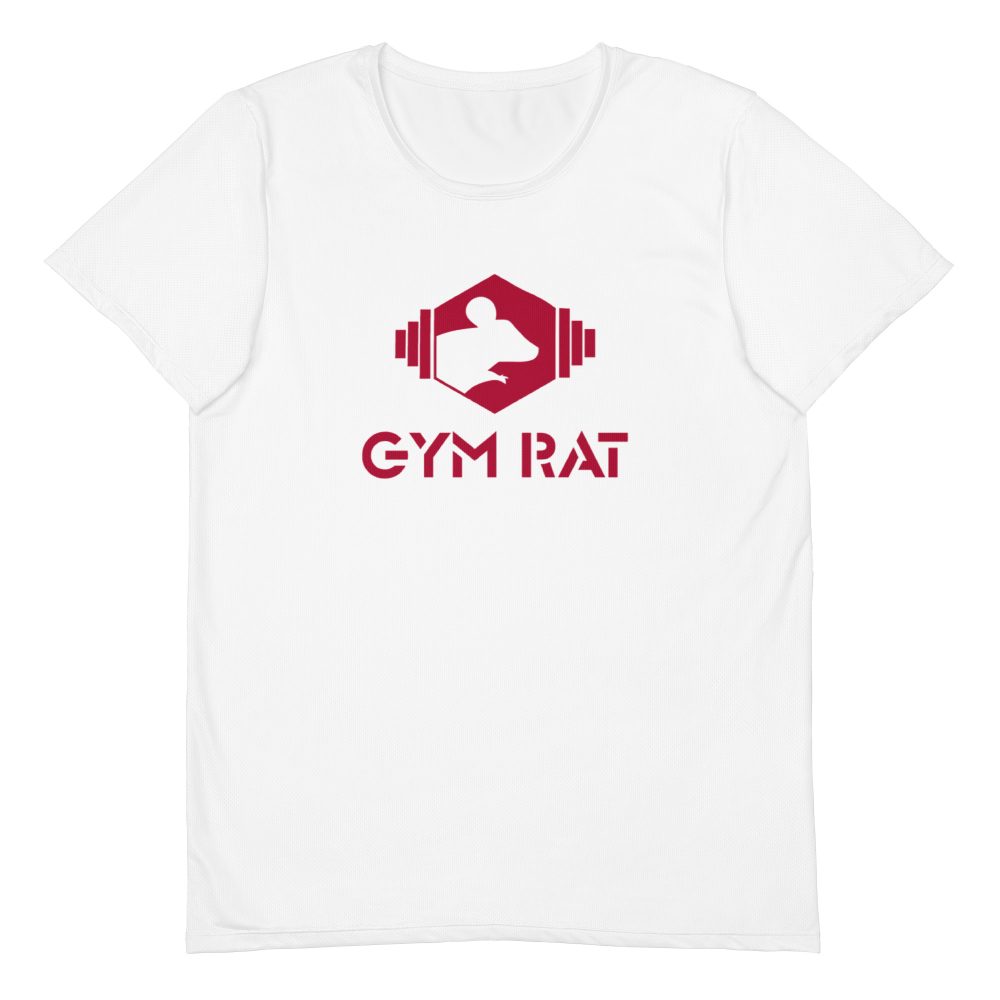 Gym Rat Athletic Mesh Tee – White with Crimson Logo
